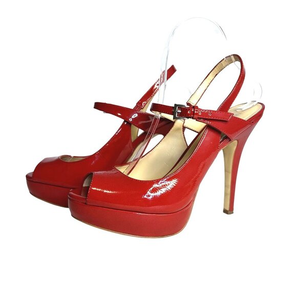 INC International Concepts Shoes - Red Patent Leather Women's Platform Heels With Peep Toe & Buckle Strap Shoes 9